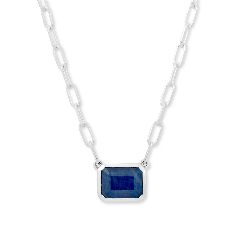 silver moon and star pendant Rectangular Sapphire Necklace, Sterling Silver