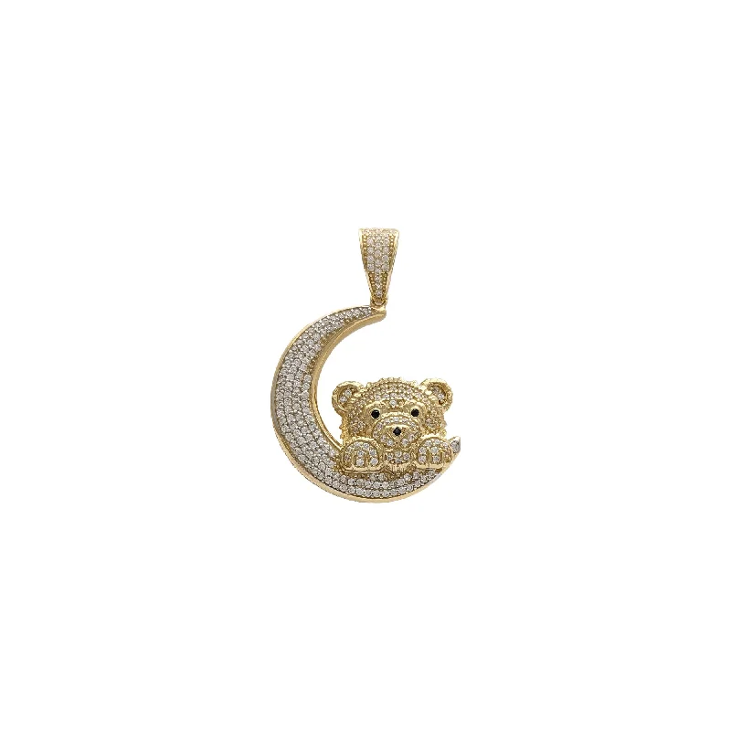 personalized engraved signet ring Bear and Crescent Moon CZ Pendant (14K)