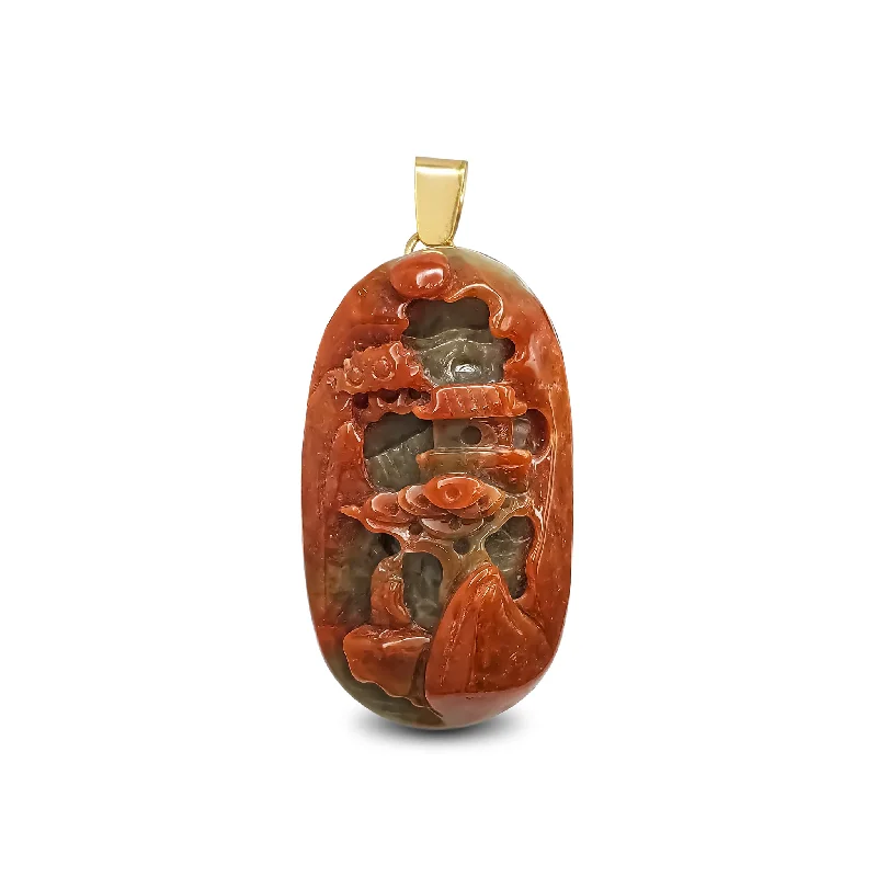 vintage-inspired gold locket Jade Scenic Waterfall Town Pendant (14K)