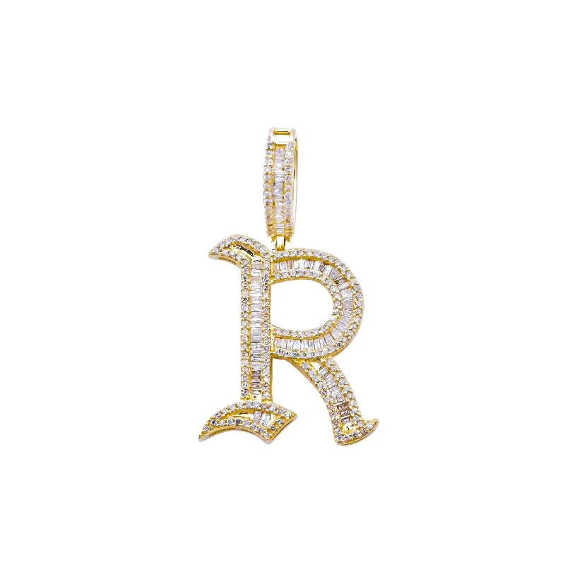 simple crescent moon ring Diamond Initial R Letter Pendant (14K)