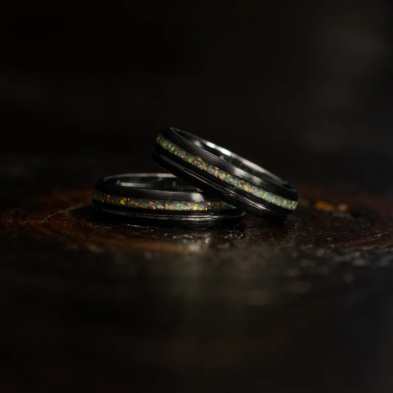 titanium spinner ring anxiety relief "Dionysis" Womens Tungsten Carbide Ring- White Gold X Fire Opal- 5mm
