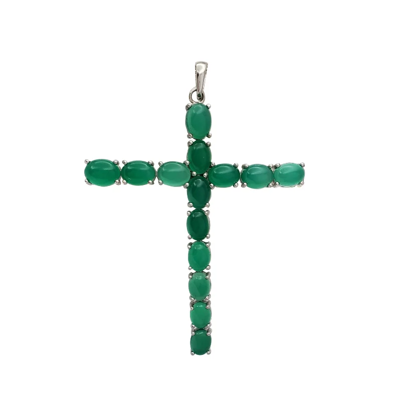 gold choker necklace simple Green Chalcedony Cross Pendant (Silver)