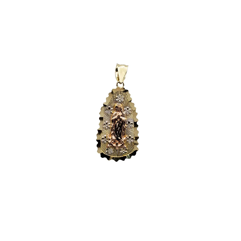 bold statement ring chunky Tri-Color Floral Radiance Virgin Mary Lady of Guadalupe Pendant (14K)