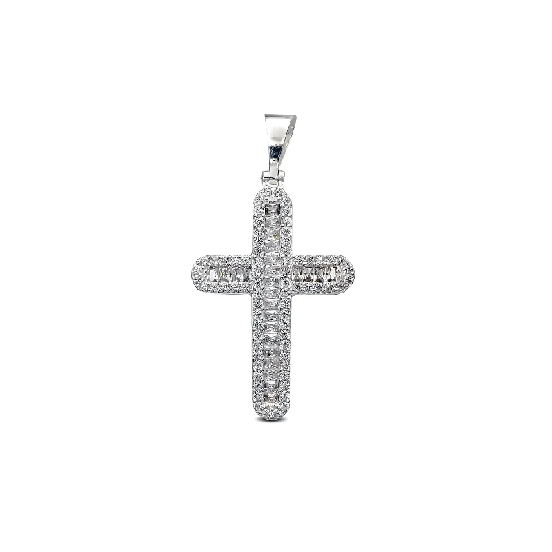silver-plated bar necklace Iced-Out Baguettes & Round CZ Cross Pendant (Silver)