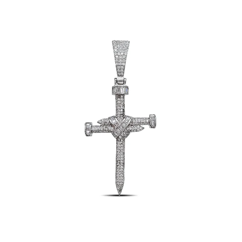 titanium black matte ring Iced-Out Nail Cross Pendant (Silver)