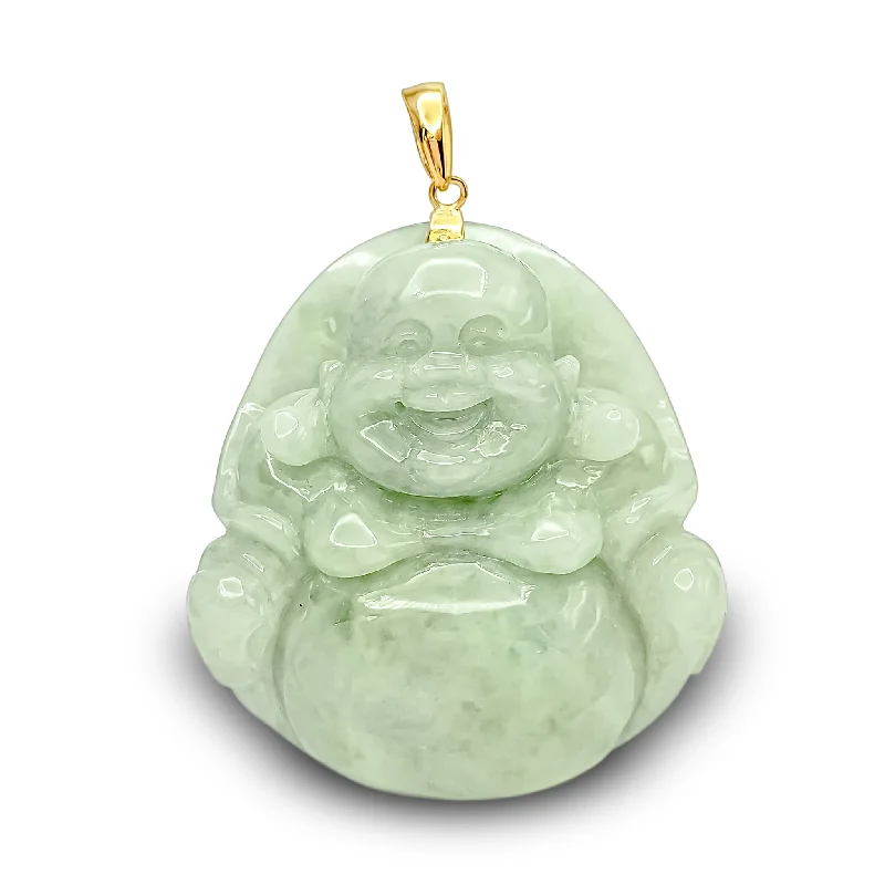 sterling silver herringbone chain Laughing Buddha Jade Pendant (14K)