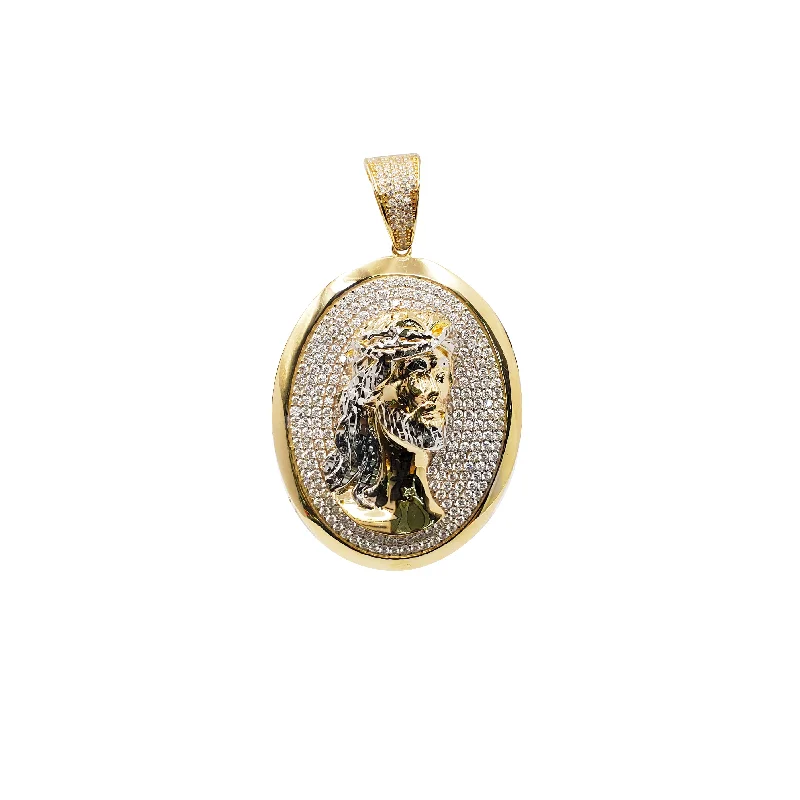 gold wedding band for men Oval Shape Jesus Face Pendant (14K)