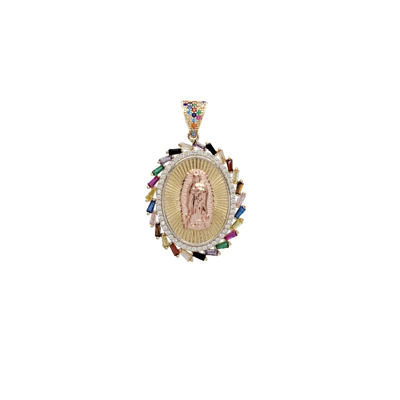handmade leather ring Spiral Rainbow Framed Oval Virgin Mary Pendant (14K)