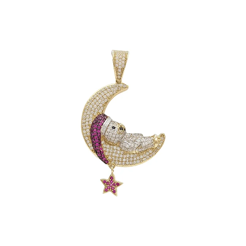 dainty heart charm necklace Sleep Time Teddy Bear on Crescent Moon CZ Pendant (14K)