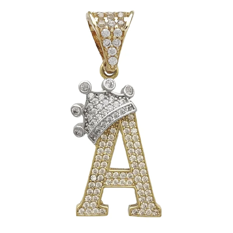 engraved pendant necklace Two-Tone Icy Crowned Initial Letter Pendant (14K)