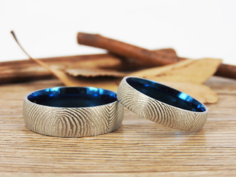 personalized couples ring engraved Your Actual Finger Print Rings, WEDDING RING, Family Fingerprints, Matching FingerPrint Ring, Blue Wedding Titanium Rings Set