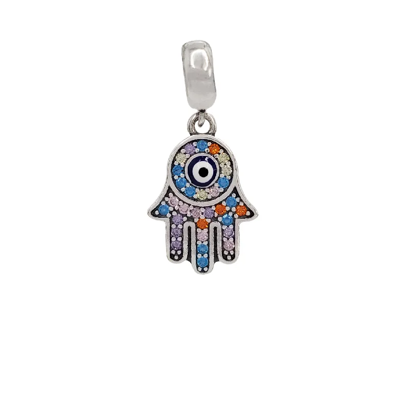 raw crystal cuff bracelet Zirconia Colorful Hamsa Hand Charm for Bracelet (Silver)