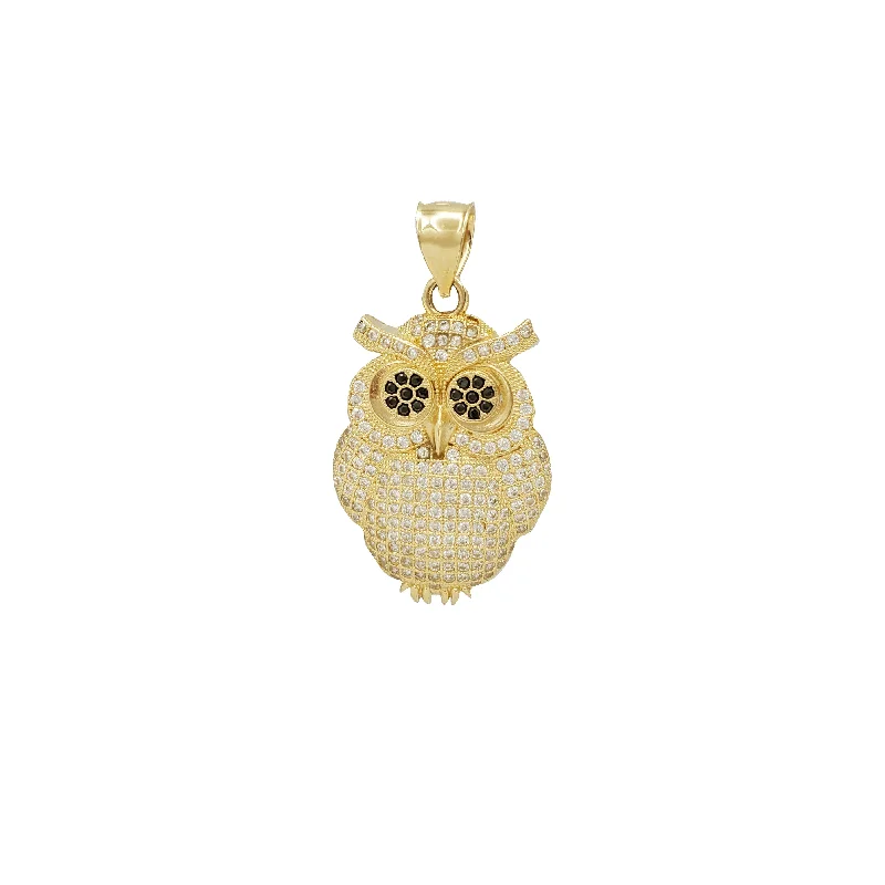 handcrafted sterling silver necklace Zirconia Iced-Out Black Eyes Owl Pendant (14K)